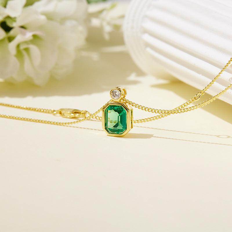 Octagonal Green Emerald Jewelry Necklace for Women - S925 Sterling Silver Gold Plated Square Pendant Clavicle Chain - Perfect for Parties, Weddings & Everyday Elegance