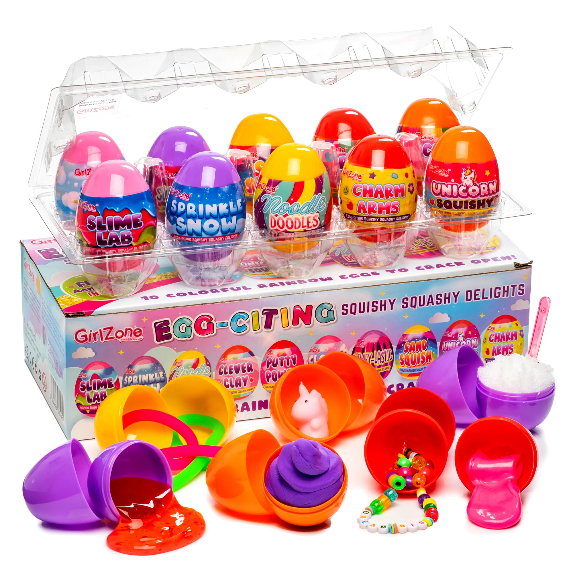 GirlZone Egg-Citing Squashy Delights - 10 Pre-Filled Easter Toy Eggs with DIY Slime, Putty & Clay - Unicorn Squishy Sensory Toys with Charms for Kids - Fun Easter Basket Stuffers & Party Favors - Perfect for Sensory Play, Easter Egg Hunts & Birthday Gifts