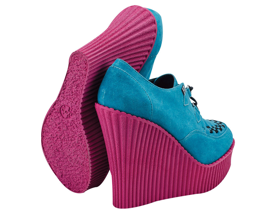 T.U.K Women's Turquoise Suede & Pink Creeper Wedge Platform Shoes | Vintage Punk Rock Style | Perfect for Concerts, Parties & Alternative Fashion Outfits