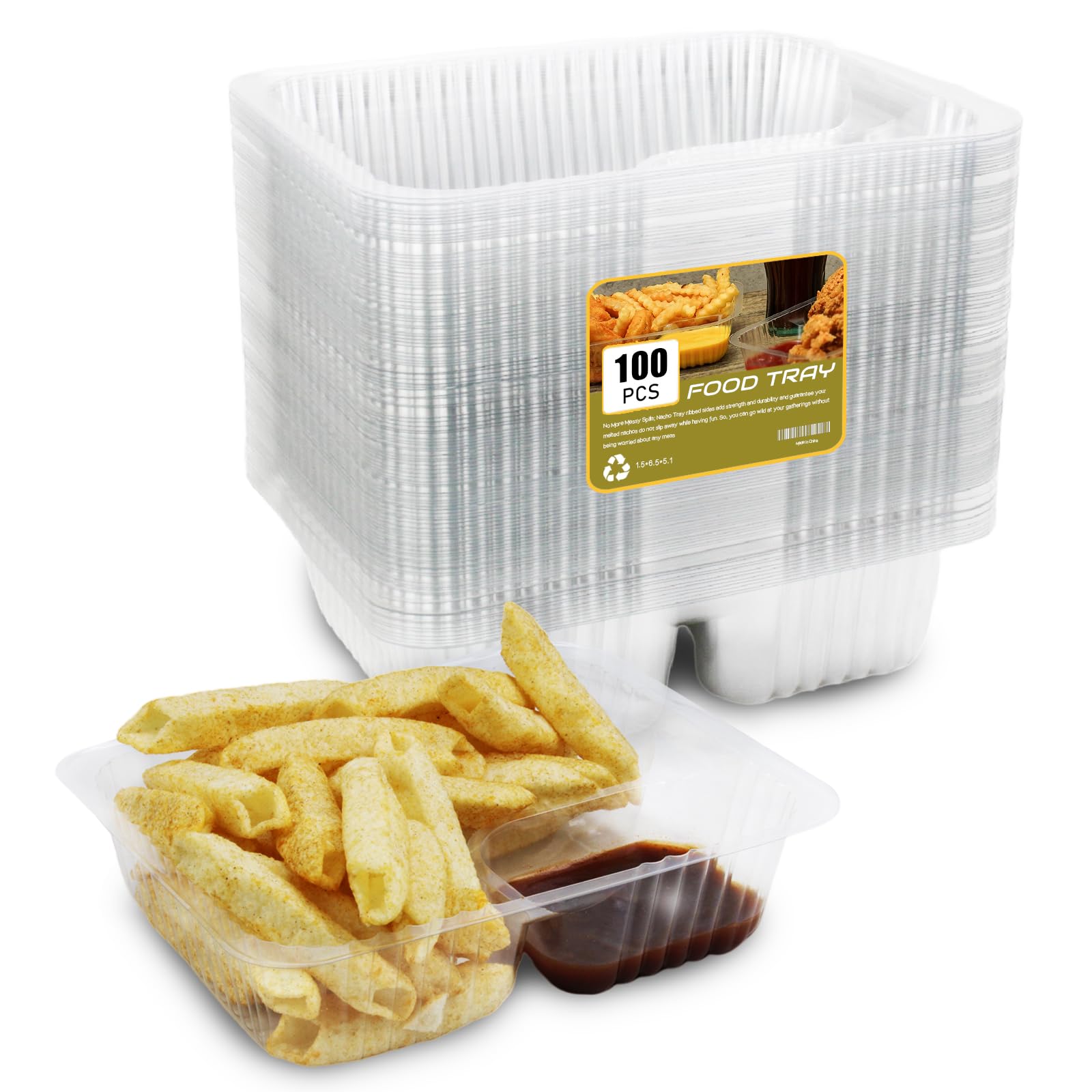 100-Pack Disposable 12oz Plastic Nacho Trays with Chip & Dip Holder - 6x5 Inch 2-Compartment Clear Snack Containers for Kids, Parties, Movie Nights, Picnics, and Game Day Gatherings (BPA-Free Plastic)