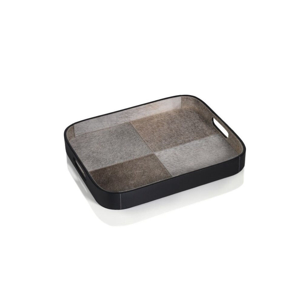 Aman 17 Inch Long Black Leather Serving Tray with Luxurious Fur Coating - Perfect for Coffee Table Decor, Breakfast in Bed, and Elegant Home Entertaining