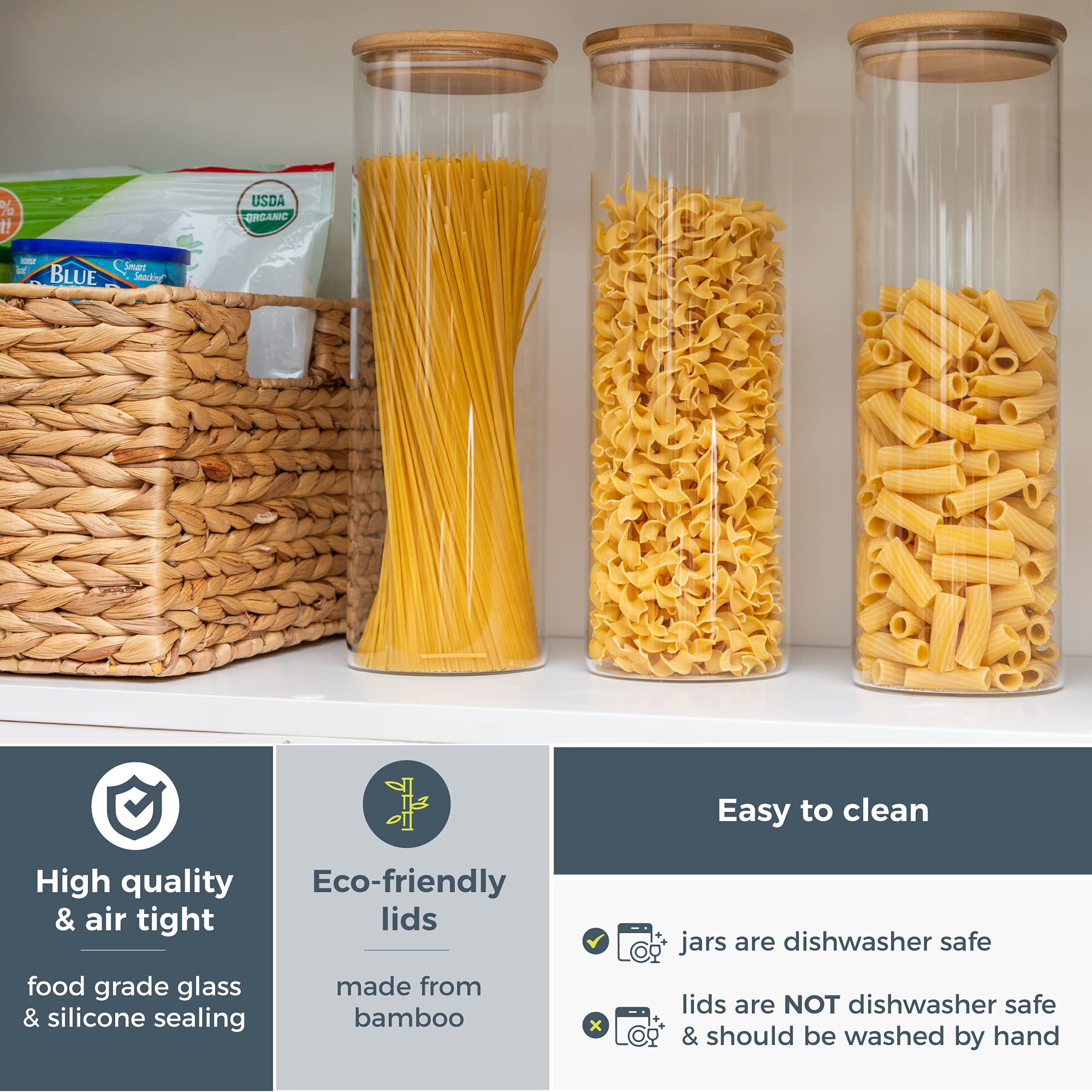 Crutello Glass Food Storage Containers with Bamboo Lids - 3 Pack (72oz) Airtight Clear Kitchen Canisters for Flour, Sugar, Coffee, Dry Goods - Perfect for Pantry Organization & Meal Prep | Family-Owned American Brand