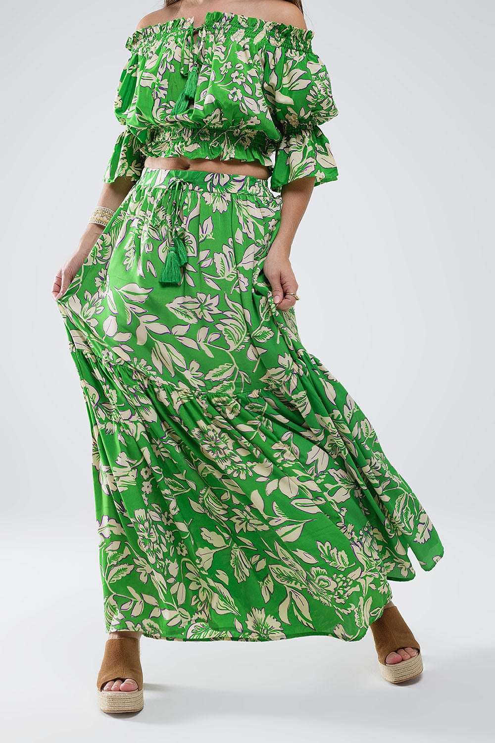 Floral Print Green Wrap Maxi Skirt with Pockets - Women's Boho Summer Skirt for Beach, Vacation & Casual Outfits