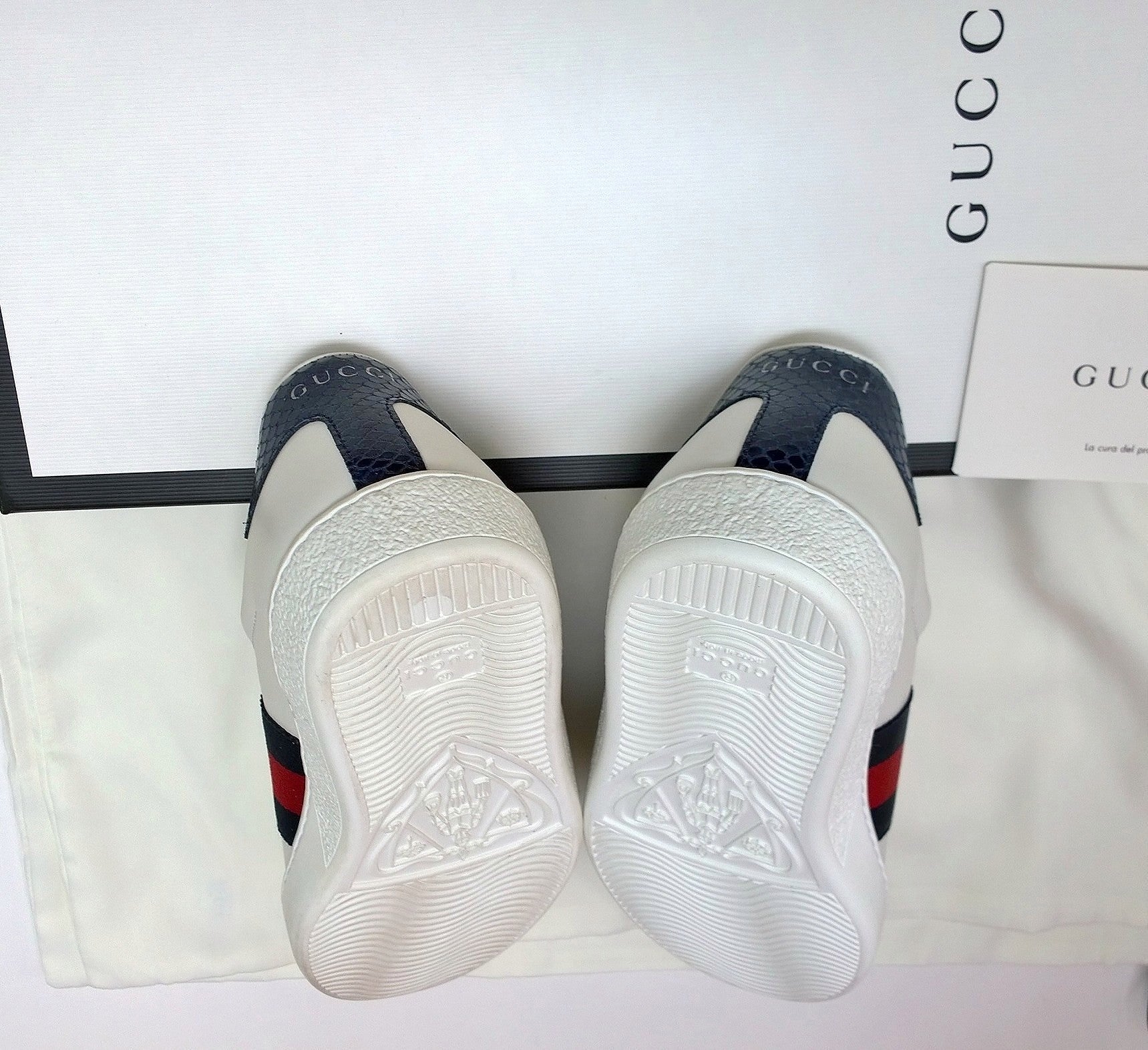 Gucci New Ace Blue Crocodile Tab White Leather Sneakers for Men - Stylish Casual Shoes with Grosgrain Detail - Perfect for Everyday Wear & Fashion Outfits
