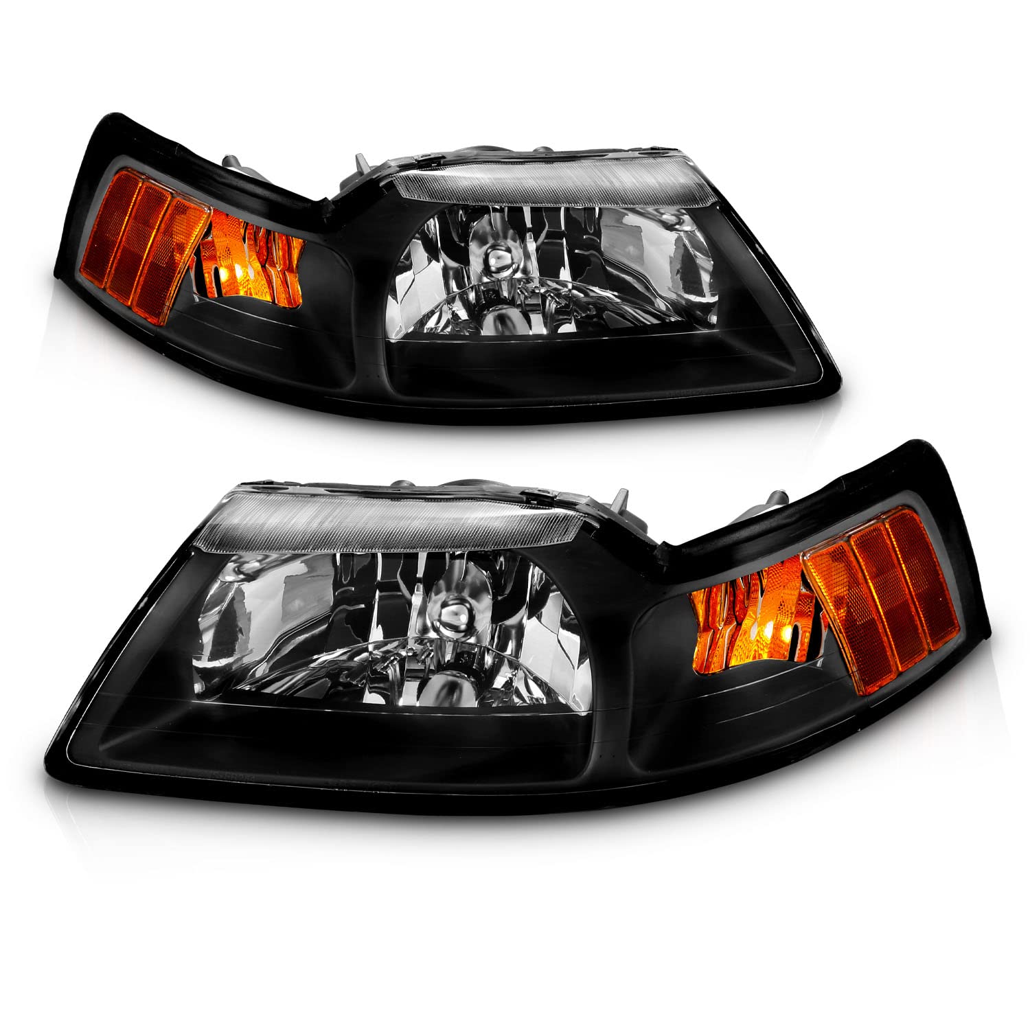 1999-2004 Ford Mustang New Edge Clear Black Replacement Headlights Assembly Pair - Left & Right Side - Perfect for Night Driving & Car Restoration Projects