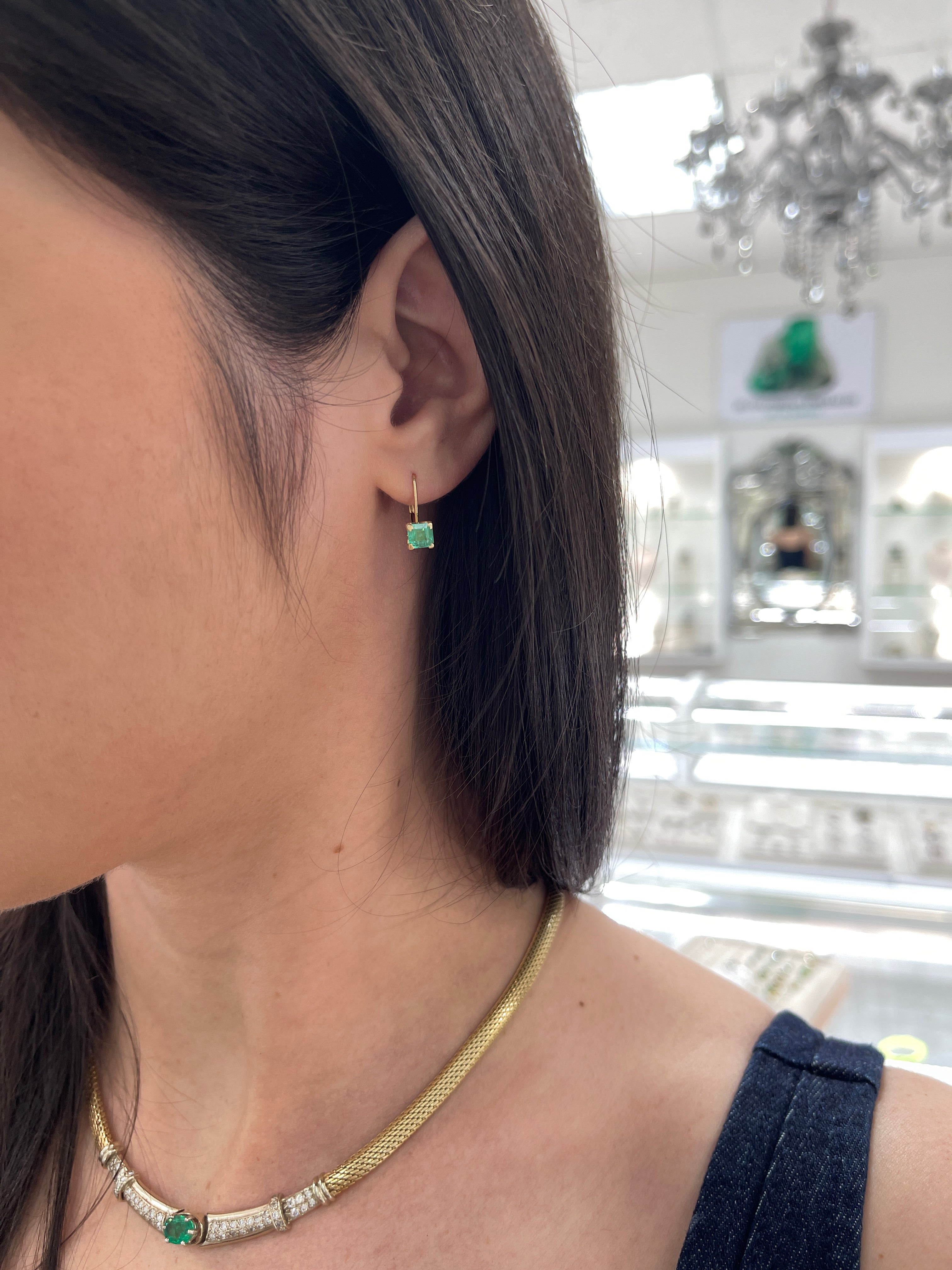 1.44tcw Square Emerald Leverback Fleur De Lis Earrings 14K Gold - Elegant Dangle Earrings for Women, Perfect for Weddings, Parties & Special Occasions