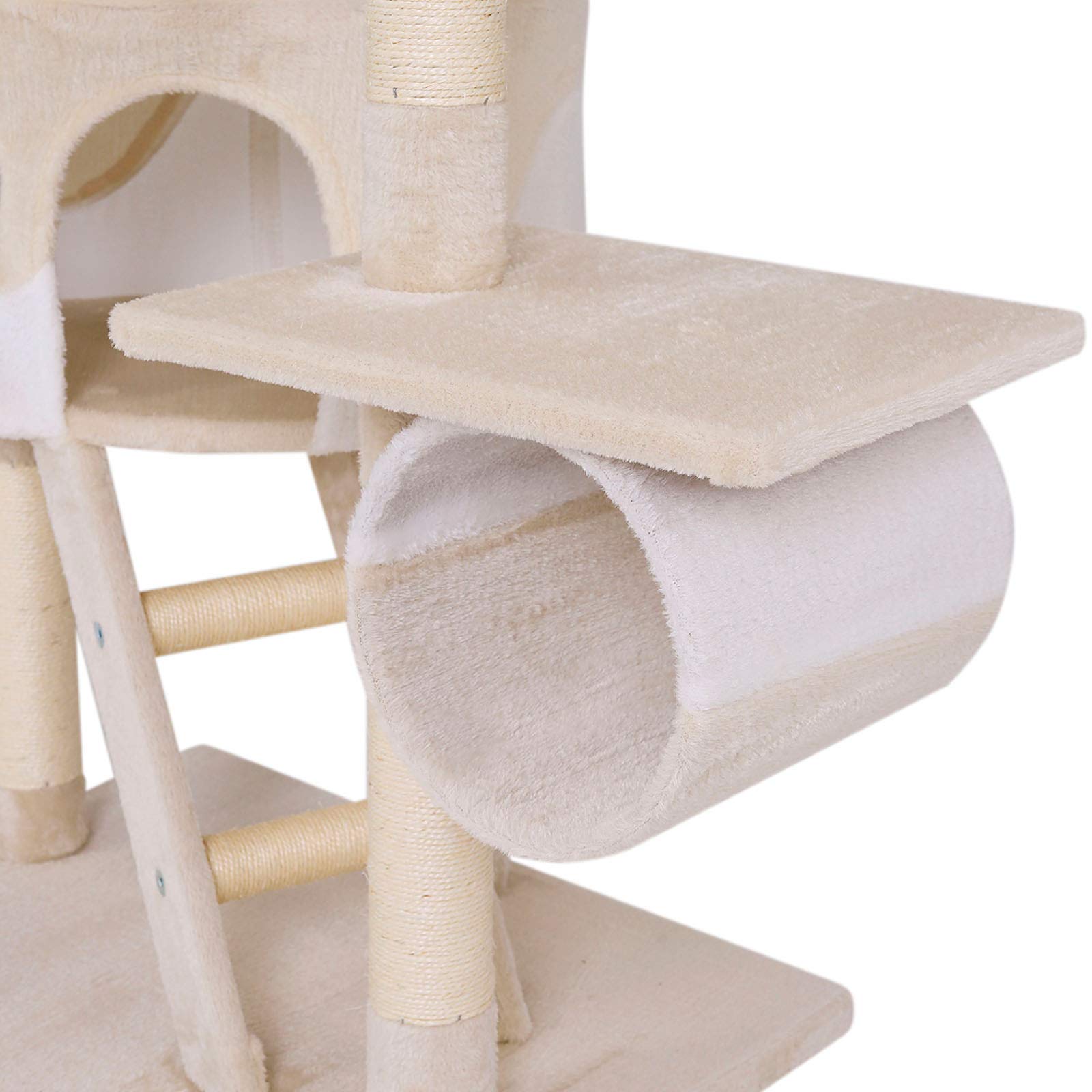 Extra Large Cat Scratching Post with Sisal & Plush - 90.6 to 98.4 Inch Tall Cat Tree with Plush Balls, Bells, Hammocks, Tunnels & Caves for Small & Large Cats (Beige/White) - Perfect for Indoor Play, Climbing & Relaxation
