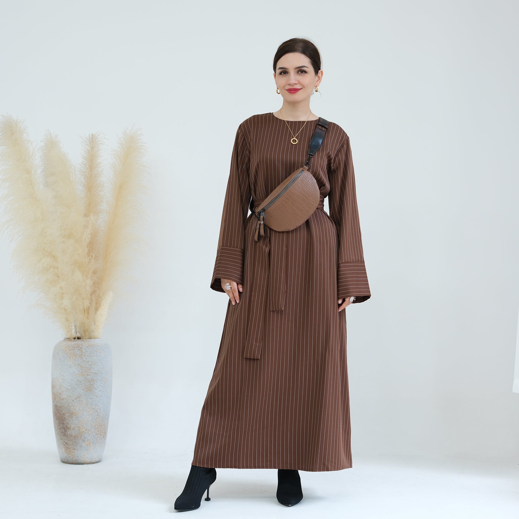 Janine Stripe Long Sleeve Belted Maxi Dress for Women - Brown Flowy Boho Dress for Beach, Wedding & Casual Outings