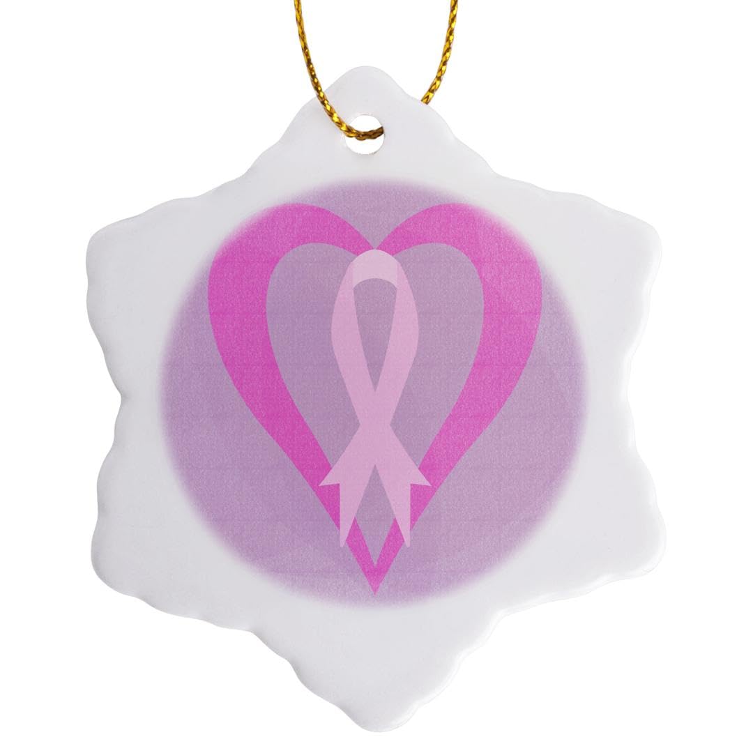 3-Inch Porcelain Snowflake Ornament - Pink Heart with Ribbon for Breast Cancer Awareness, Holiday & Christmas Tree Decoration - 3dRose orn_108975_1