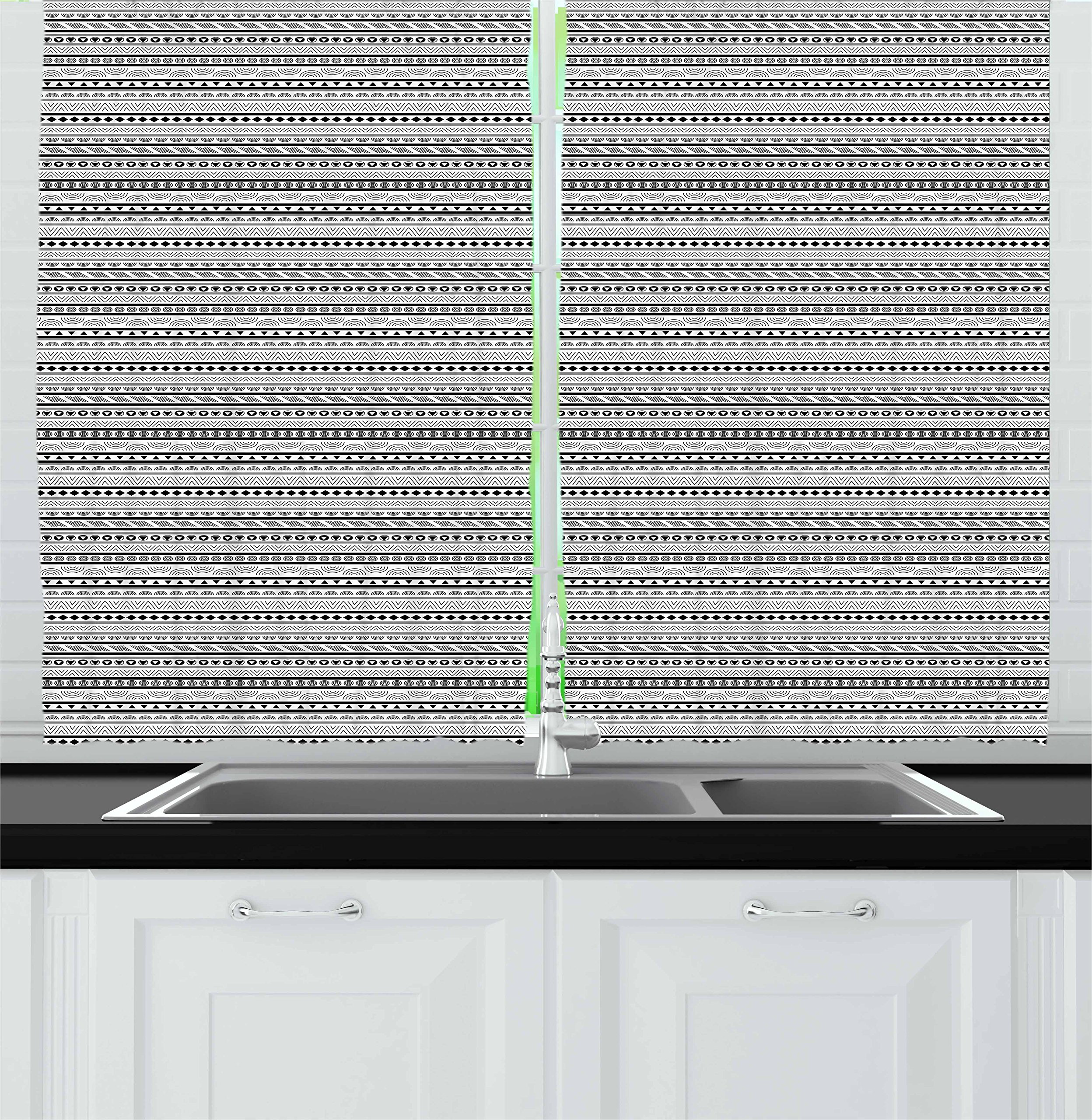 Ambesonne Geometric Kitchen Curtains Set of 2 - Modern Black and White Ethnic Pattern with Oriental Triangles, Rhombuses & Circles - 55