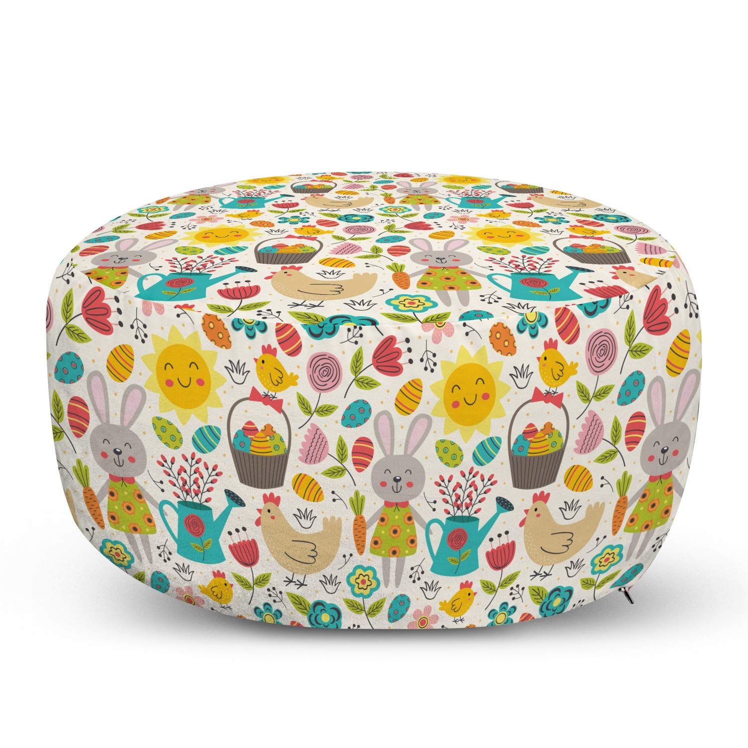Ambesonne Cartoon Ottoman Pouf - Easter Chicken Eggs, Sun Rabbit & Floral Berries Garden Design - Soft Foot Rest with Removable Cover for Living Room & Bedroom - Ivory Multicolor - Perfect for Home Decor, Lounge Seating & Kids Play Area