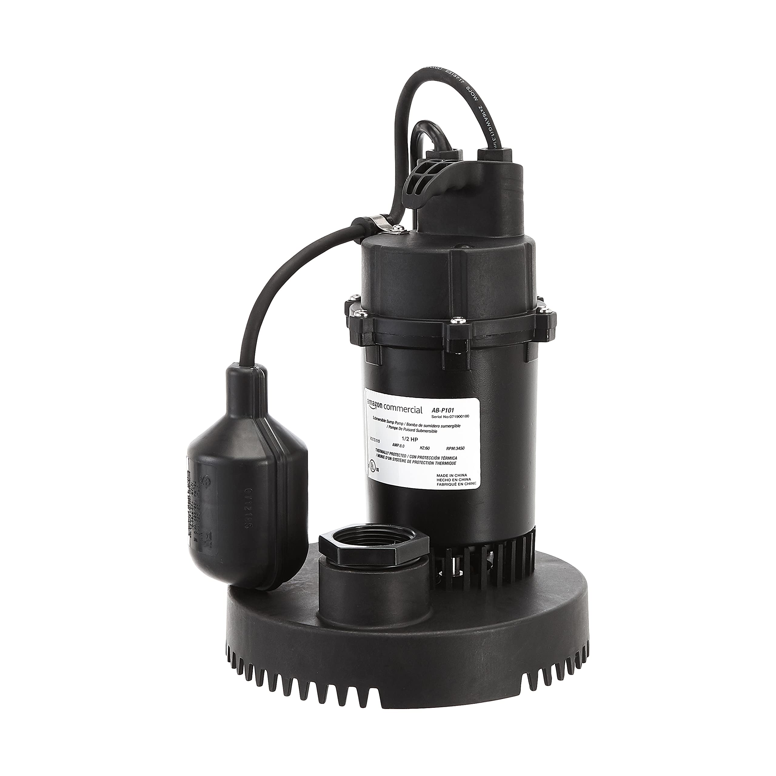 AmazonCommercial 1/2 HP Thermoplastic Submersible Sump Pump with Tethered Float Switch - Heavy Duty Water Removal for Basements, Crawl Spaces & Flooded Areas