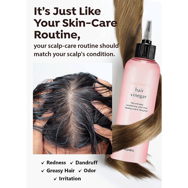 A'PIEU Raspberry Hair Vinegar 200ml - Natural Hair Rinse for Damaged Hair, Scalp Care & Shine Enhancement - Perfect for Color-Treated & Dry Hair at Home Salon Treatment