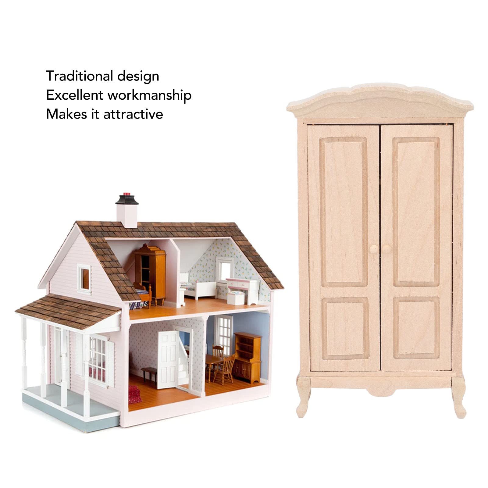 1/12 Scale Miniature Wooden Wardrobe - Double Door Dollhouse Closet for Cabinet, Mini House Furniture & Doll Accessories | Perfect for DIY Dollhouse Decor, Miniature Room Displays & Collectors