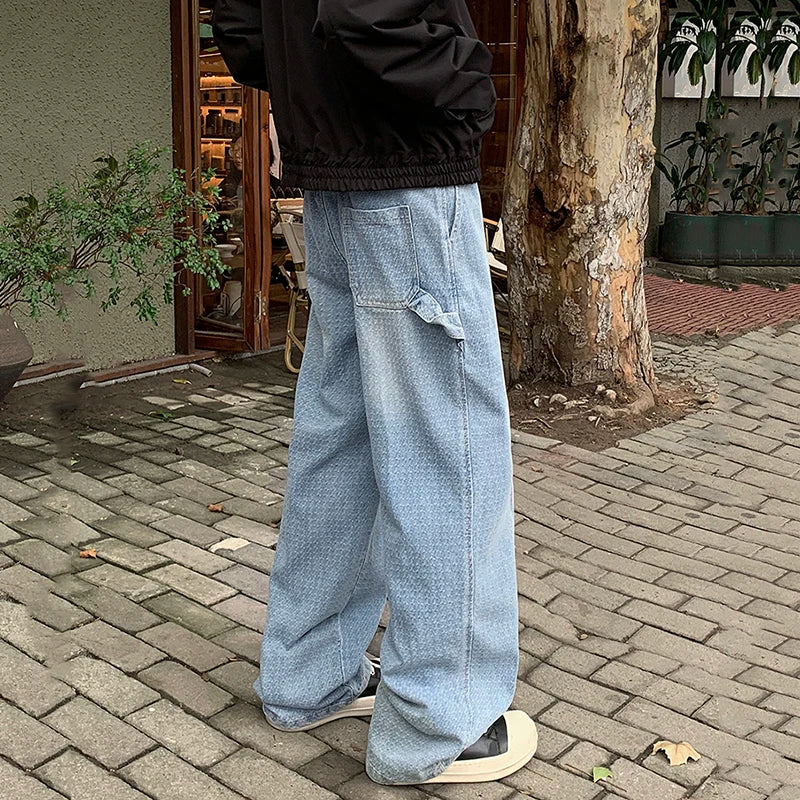 Men's Washed Denim Jeans - Straight Wide Leg Loose Fit Casual Pants with Drawstring & Printing | Spring Collection | Perfect for Everyday Wear, Street Style & Casual Outings