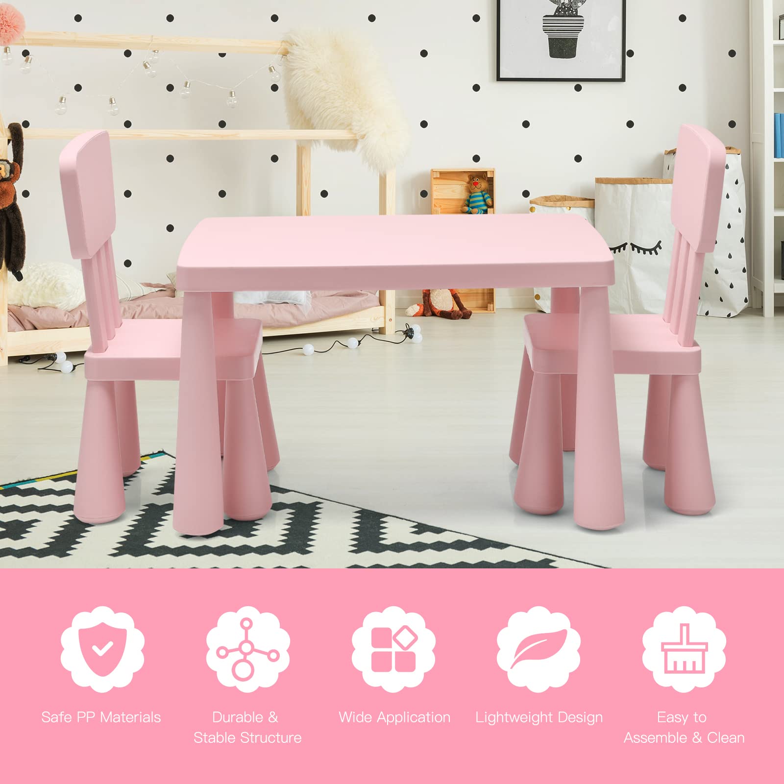 HONEY JOY Kids Table and Chair Set - 3-Piece Plastic Toddler Furniture for Art, Crafts & Play | Easy-Clean Tabletop with 2 Chairs | Perfect for Daycare, Playroom & Home | Gift for Boys & Girls (Pink)