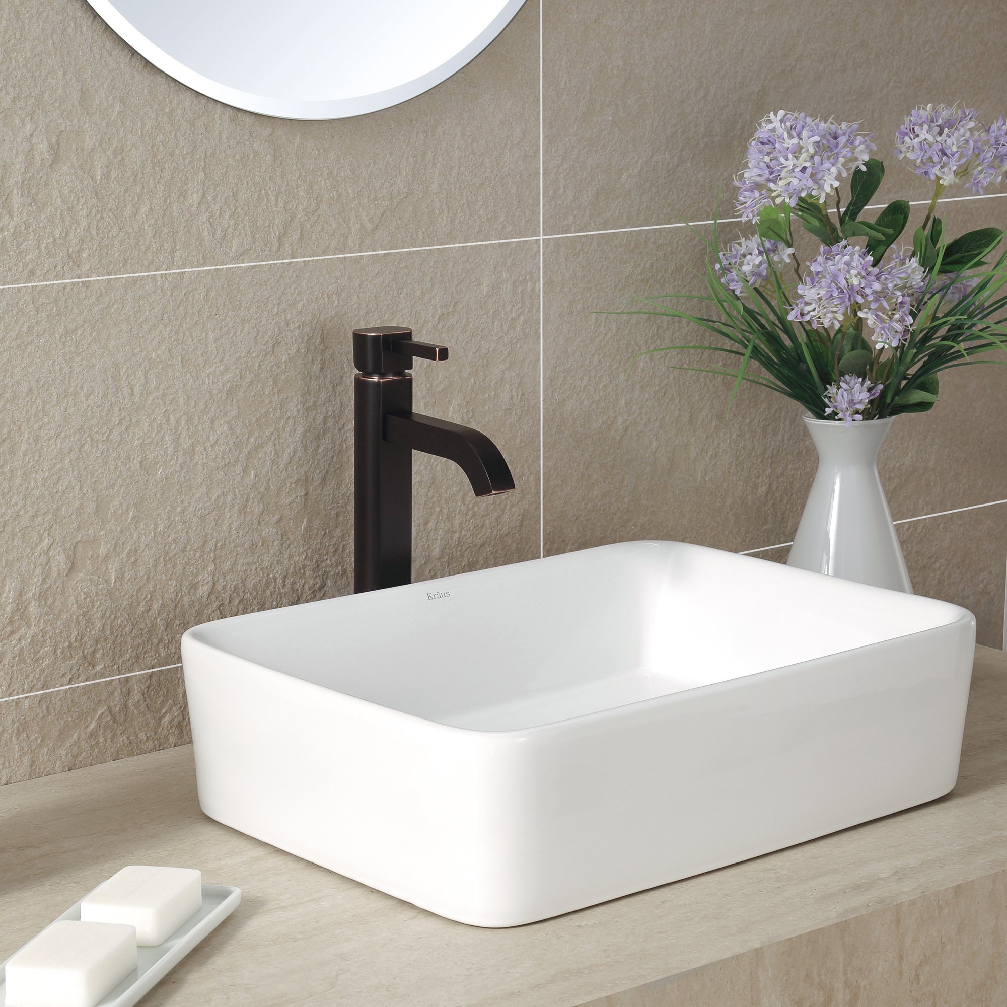 Kraus KCV-121-ORB White Rectangular Ceramic Kitchen Sink with Pop-Up Drain, Oil Rubbed Bronze Finish - Perfect for Modern Farmhouse & Rustic Bathroom Renovations