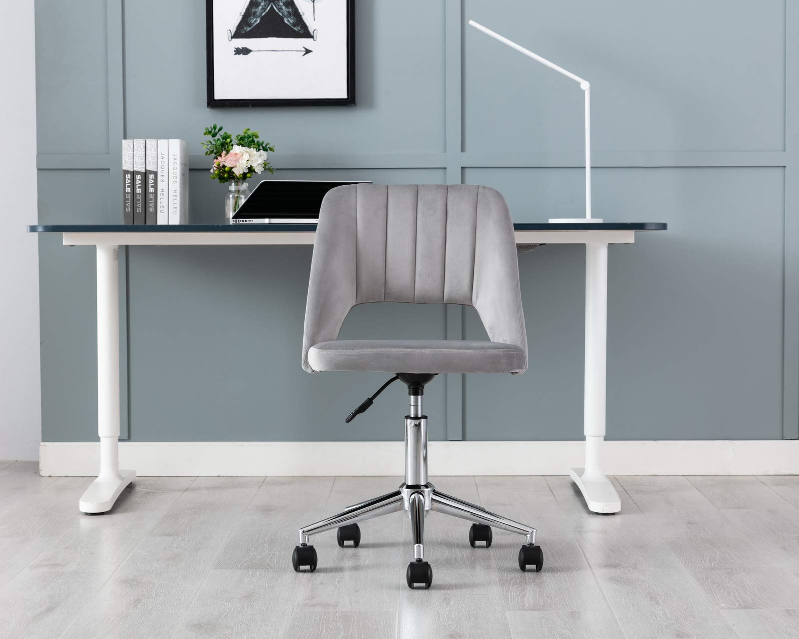CIMOTA Grey Velvet Armless Desk Chair - Adjustable Height Swivel Office Task Chair for Adults & Teens - Perfect for Study Room, Bedroom, or Home Office Workspace