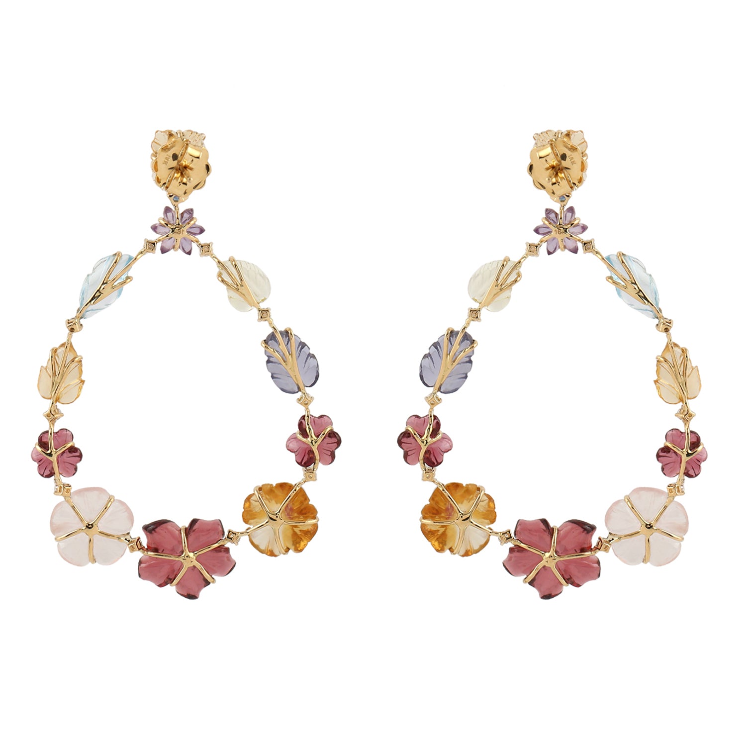 18K Yellow Gold Carved Mixed Stone Ruby Sapphire Chandelier Earrings for Women | Elegant Gemstone Dangle Earrings for Parties, Weddings & Special Occasions