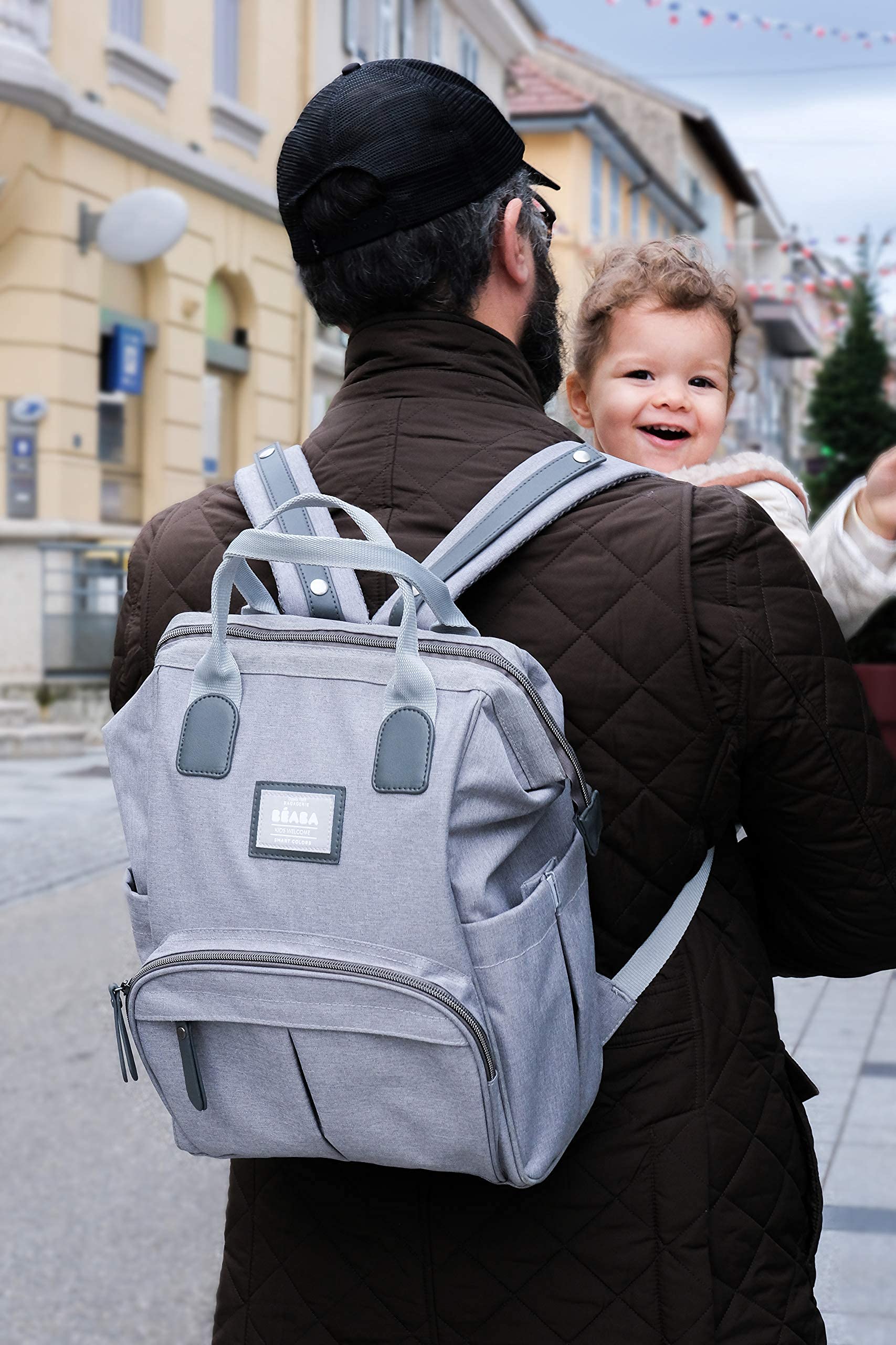 BEABA Wellington Diaper Bag Backpack - Waterproof Baby Diaper Backpack for Moms & Dads with Changing Pad & Stroller Straps, Large Capacity Travel Bag for Boys & Girls, Perfect for Daycare, Travel & Outings (Grey)