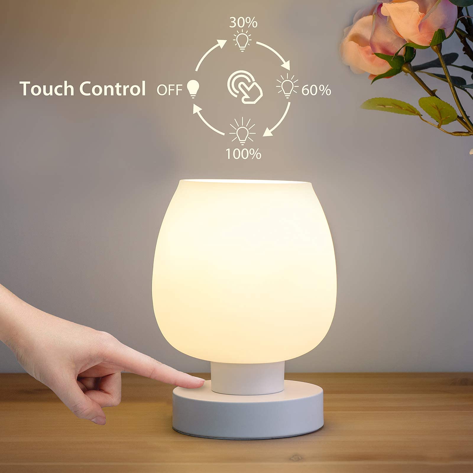 Touch Bedside Table Lamp - Modern Small LED Desk Lamp with White Opal Glass Shade, 3-Way Dimmable Warm Light, Minimalist Design for Bedroom, Living Room, Nightstand, Office, and Study Room Decor