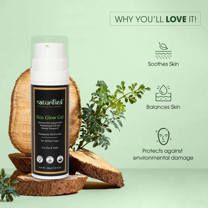 Naturified Certified Organic Aloe Vera Gel with Nalpamaradi Oil & Vitamin C - Transparent Skin Glow Gel for All Skin Types | Hydrating, Soothing & Brightening | Perfect for Daily Skincare, Sunburn Relief & After-Sun Care