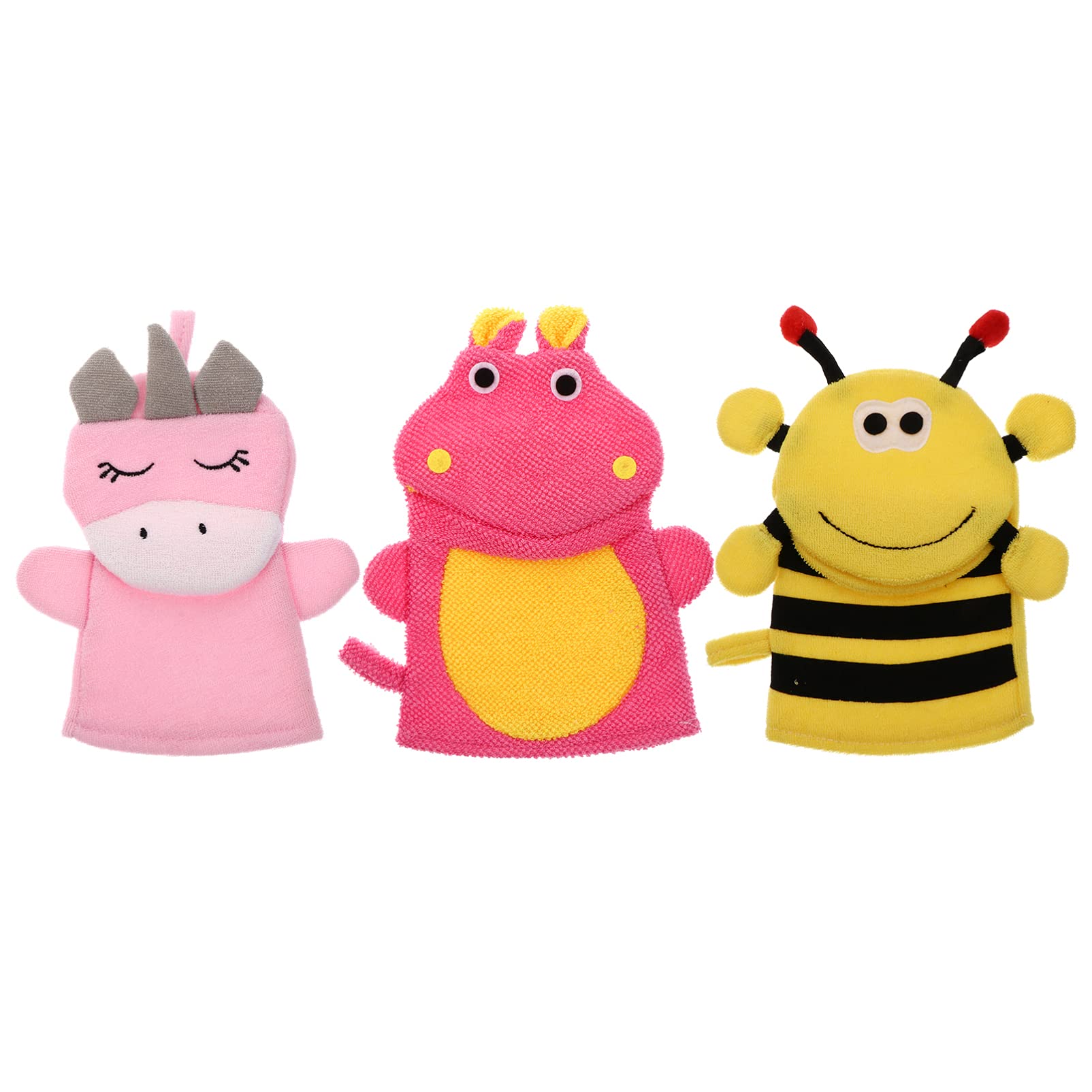 Lurrose 3Pcs Baby Bath Mitt - Soft Animal Bath Puppet Washcloths & Body Scrub Gloves for Toddlers (Cute Bee & Hippo) | Gentle Exfoliating Sponge for Infant Shower Time | Perfect Kids Bath Accessories for Sensitive Skin