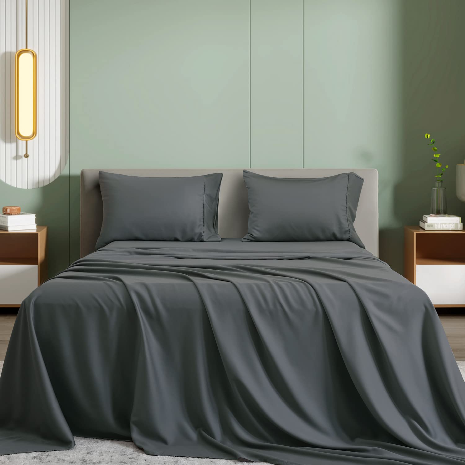 Premium 100% Organic Bamboo Sheets Queen Size - Silky Soft & Cooling Bamboo Bedding Set with Deep Pocket Fitted Sheet - 4 Piece Luxury Bed Sheets (Dark Gray, Queen) for Breathable, Eco-Friendly Sleep - Perfect for Hot Sleepers & Sustainable Home Decor