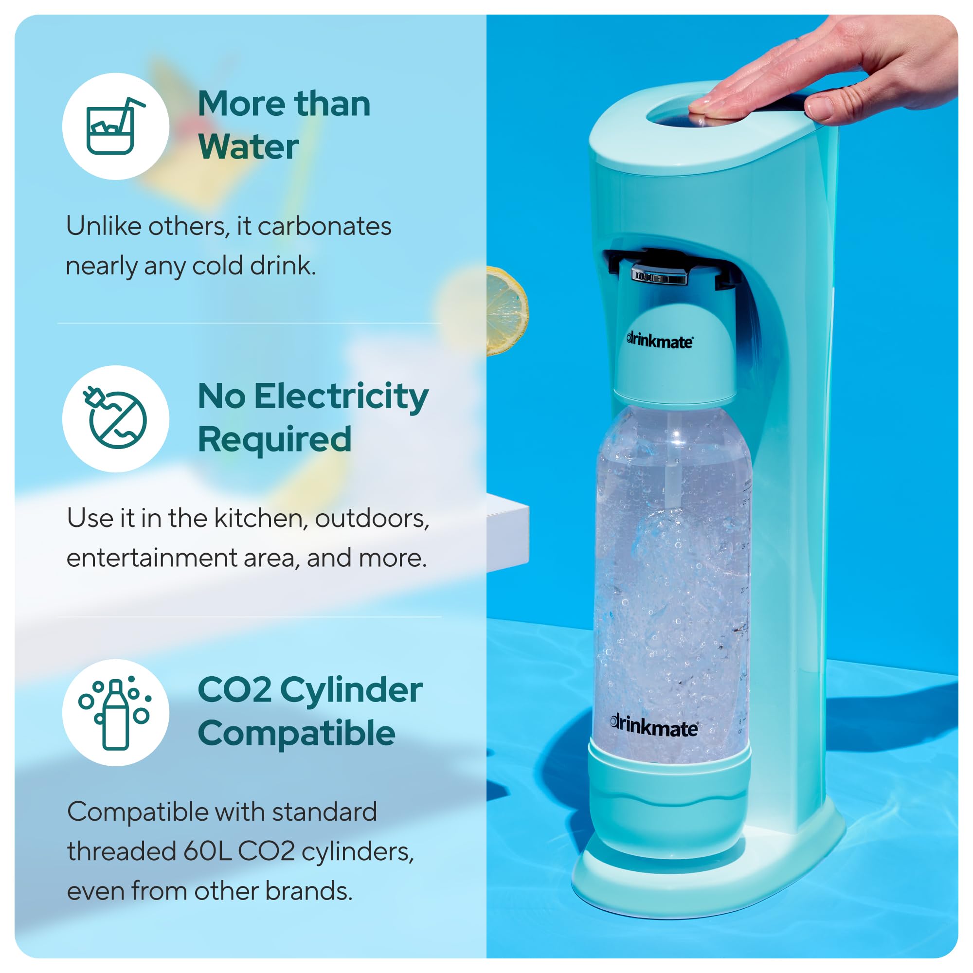 Drinkmate OmniFizz Sparkling Water and Soda Maker Machine - Ultimate Bundle with 3 CO2 Cylinders (60L Each), 2 Carbonation Bottles & Fizz Infuser - Make Carbonated Drinks at Home (Arctic Blue) | Perfect for Kitchen, Office, Parties & Healthy Lifestyle