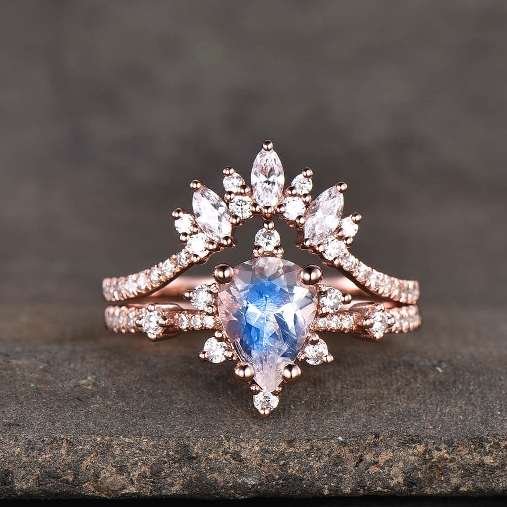 14K/18K Gold Pear Shaped Moonstone Diamond Art Deco Engagement Ring Set - Vintage Inspired Wedding Jewelry for Brides, Anniversary Gifts & Special Occasions