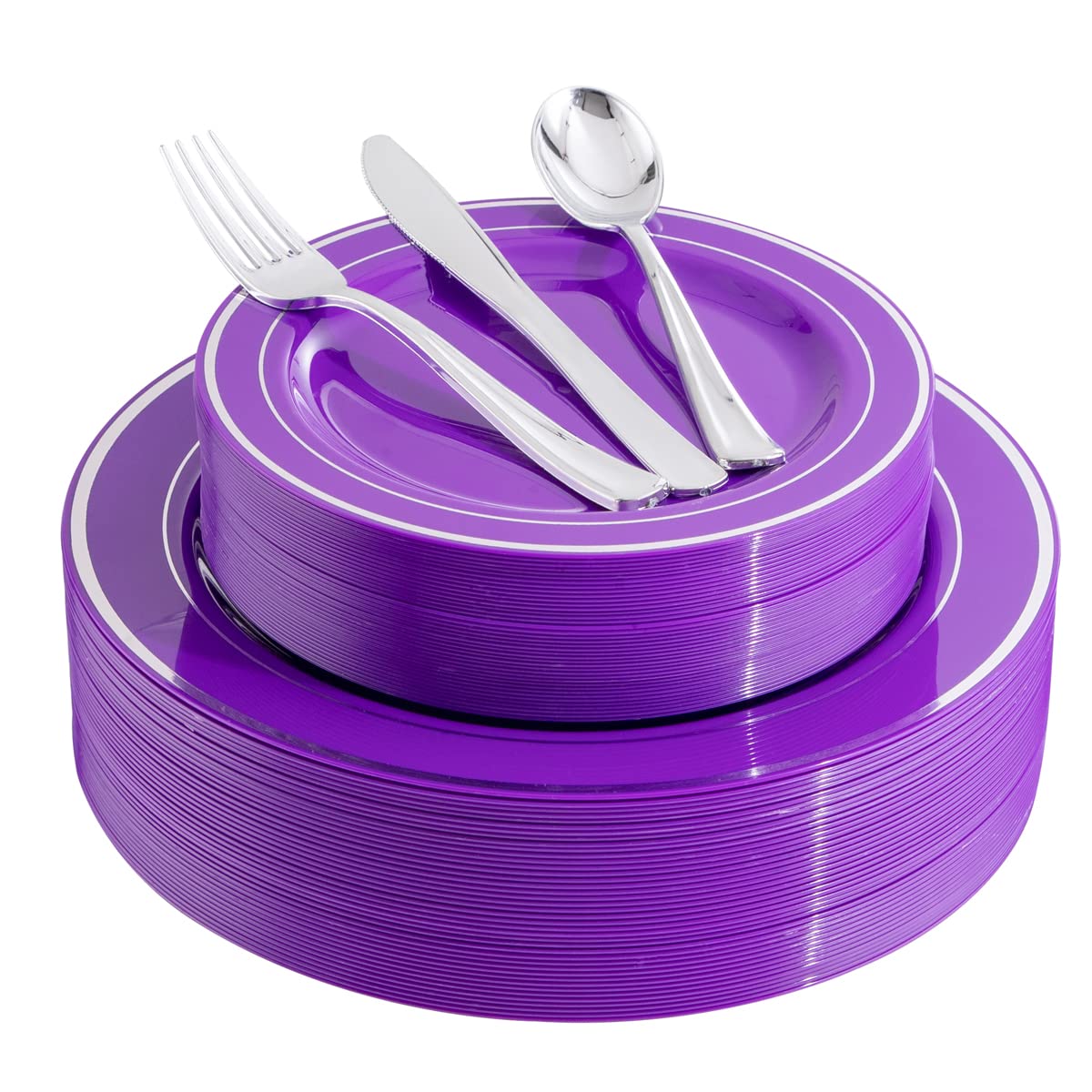 WELLIFE 200-Piece Purple & Silver Plastic Dinnerware Set - 40 Dinner Plates, 40 Dessert Plates, 40 Forks, 40 Knives, 40 Spoons - Elegant Disposable Tableware for Wedding, Party, Birthday, Bridal Shower & Special Events