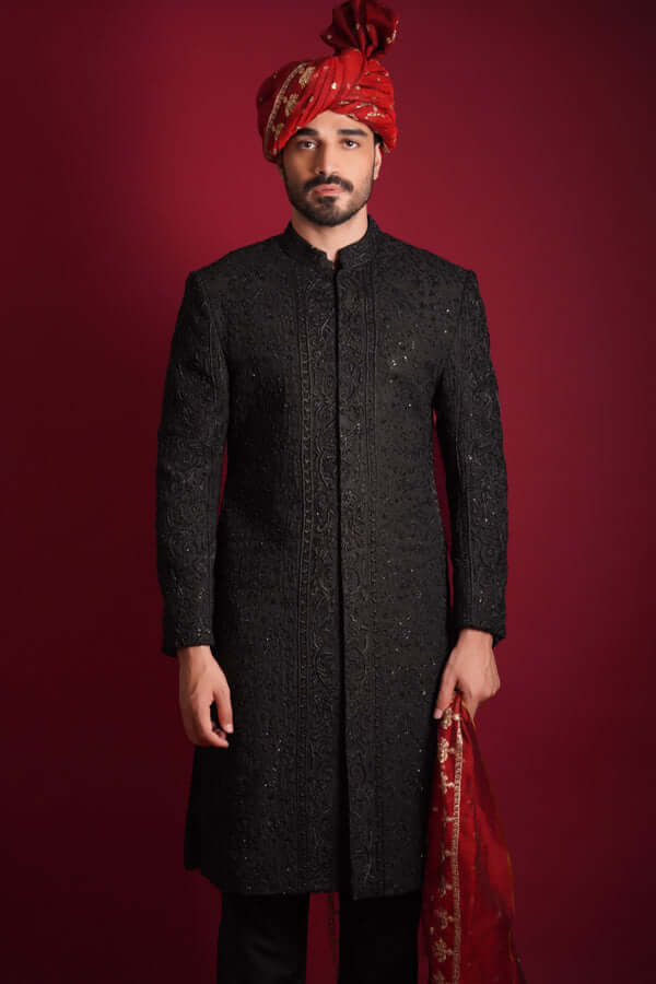 Elegant Jet Black Persian Zardozi Embroidered Sherwani for Men | Traditional Indian Wedding Attire | Perfect for Grooms, Festivals & Special Occasions