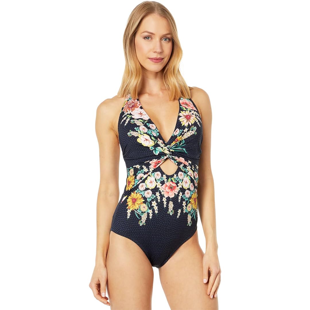 Johnny Was Twist Keyhole One-Piece Swimsuit | Boho Floral Print Women's Bathing Suit | Perfect for Beach Vacations & Pool Parties