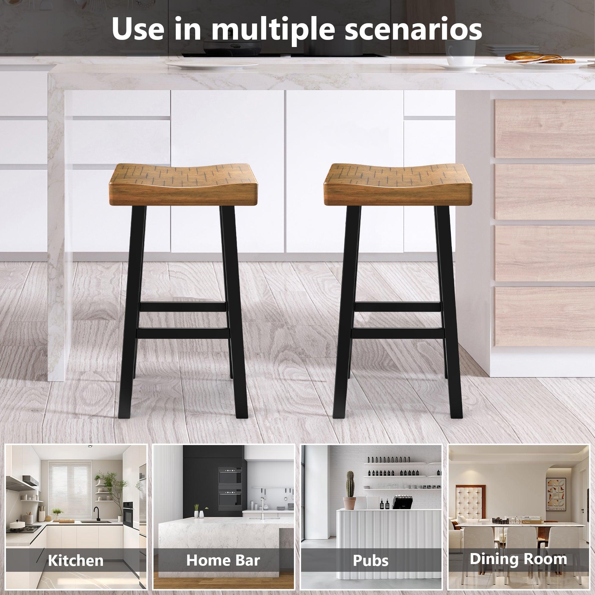 Set of 2 Farmhouse Solid Wood Bar Stools - Backless Saddle Seat Counter Height Chairs for Kitchen Island, Breakfast Nook & Home Office - Perfect for Rustic Decor, Dining & Small Space Living