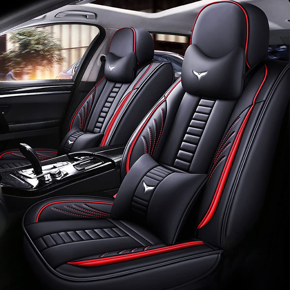 Universal Fit PU Leather Car Seat Covers Full Set for Jeep Wrangler JK 2018 - Black & Red Stitching with Headrest & Lumbar Support - Perfect for Off-Roading, Daily Commuting & Interior Protection