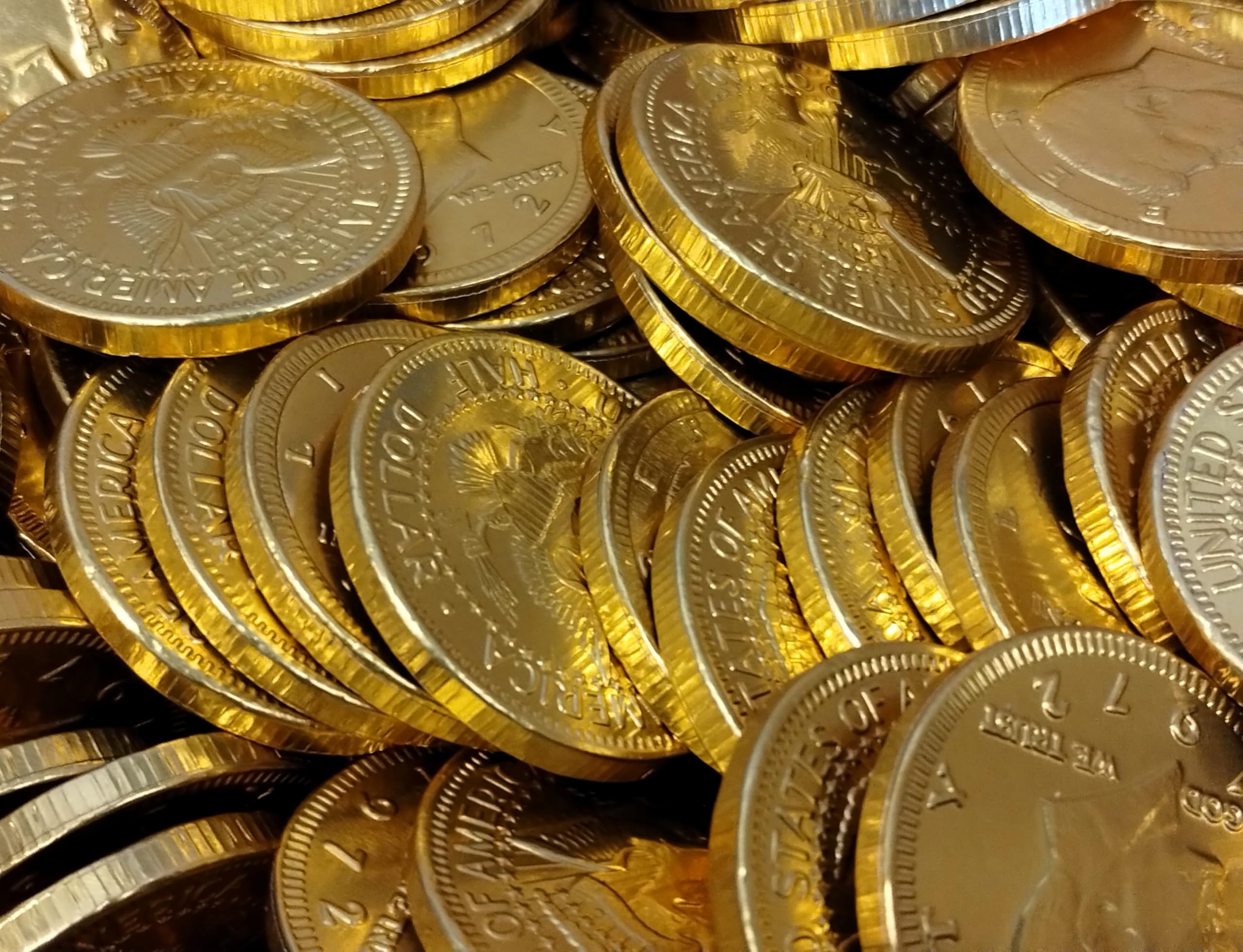Premium Milk Chocolate Coins - 50 Count Individually Wrapped in Gold Foil, Half Dollar Size Chocolate Coins for Parties, Gifts & Holiday Celebrations