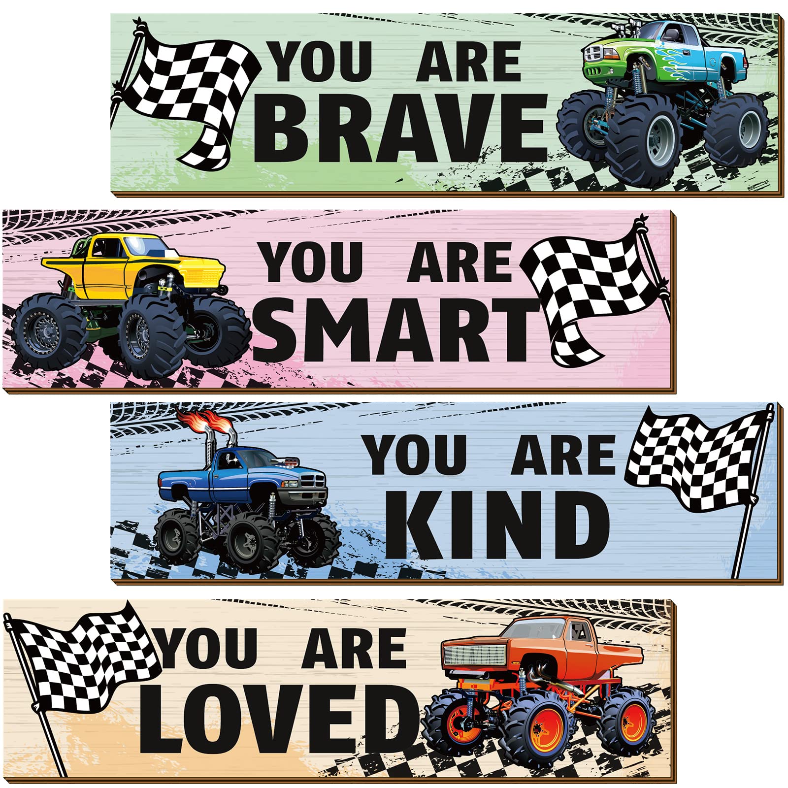 Geetery 4-Piece Construction Truck Wall Decor Set - Wooden Hanging Signs with Motivational Quotes for Boys' Bedroom, Kids Room, Living Room - Inspirational Racing Car Themed Decor for Men & Women - Perfect for Nursery, Playroom, and Office Spaces