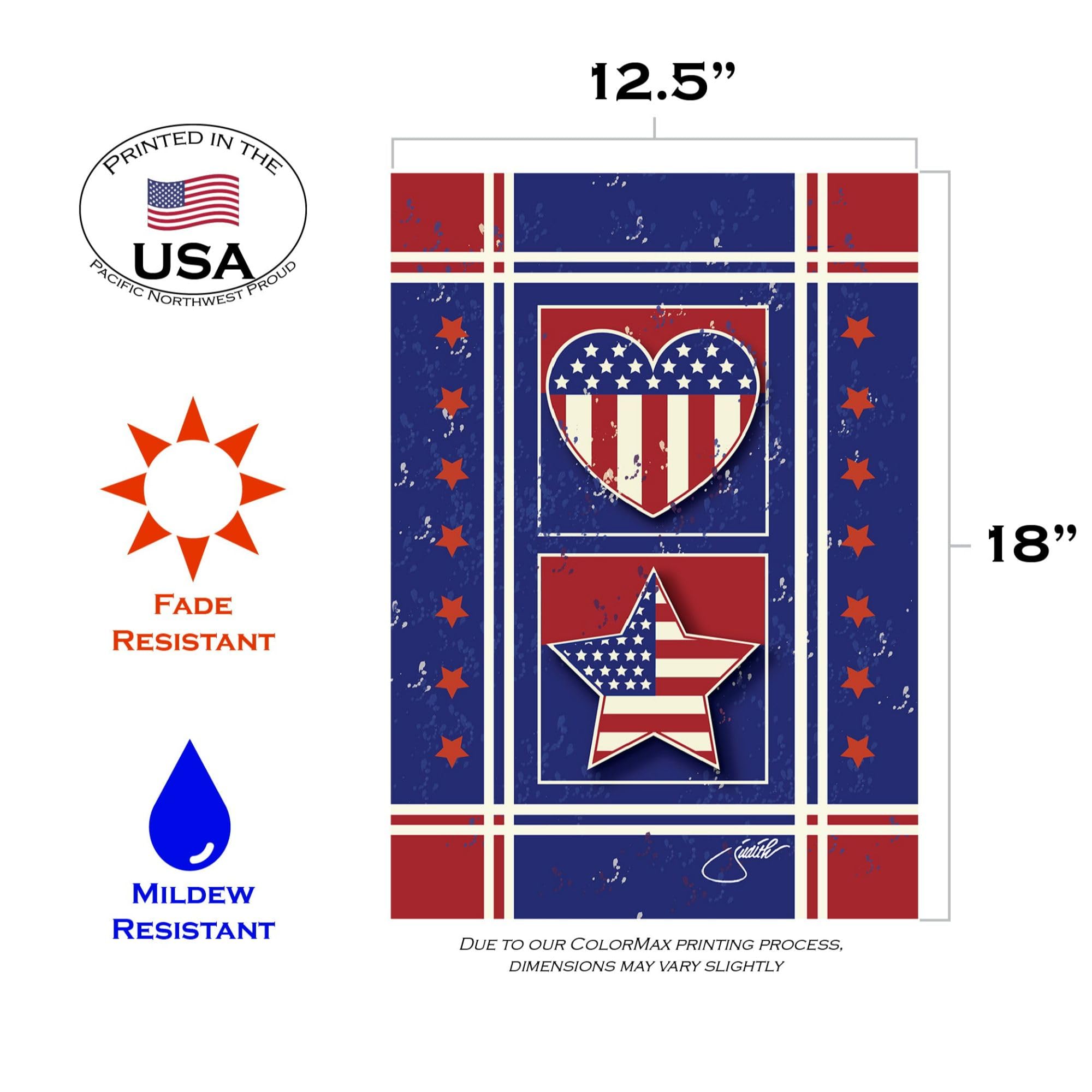Toland Home Garden 12x18 Inch Double Sided Patriotic American Flag - Stars Stripes & Hearts Design for Outdoor Yard, House & Military Decor | Perfect for 4th of July, Memorial Day & Veterans Day Celebrations