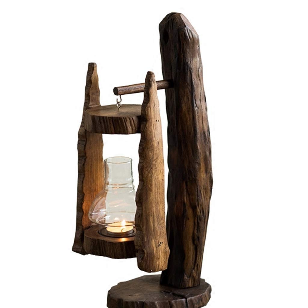 Creative Wood Candlestick Holder with Retro Glass Cover - Windproof Outdoor Candelabra for Wedding Decor, Home Decoration & Romantic Dinners - Perfect for Patio, Garden & Table Centerpieces
