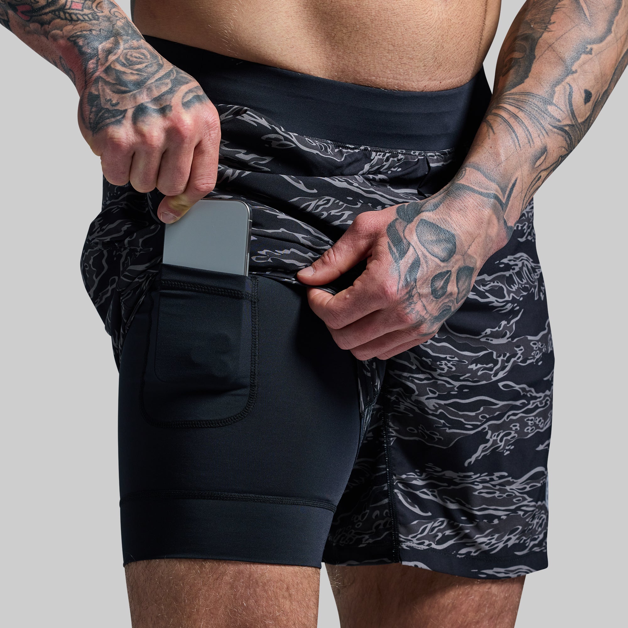 Versatile Compression Shorts with 7-Inch Inseam - Night Tiger Design for Running, Gym & Active Lifestyle