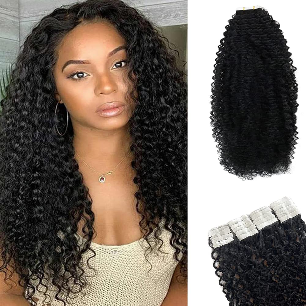 Black Kinky Curly Tape-In Hair Extensions 20 Inch 20PCS - 100% Real Human Hair #1B, Double Skin Weft with Thick Ends for Black Women | Perfect for Protective Styling, Weddings & Everyday Glam