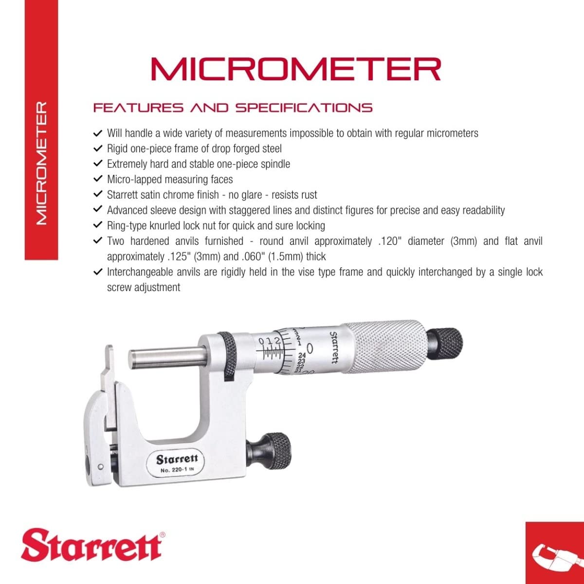 Starrett 220XRL-1 MUL-T-Anvil Micrometer 0-1