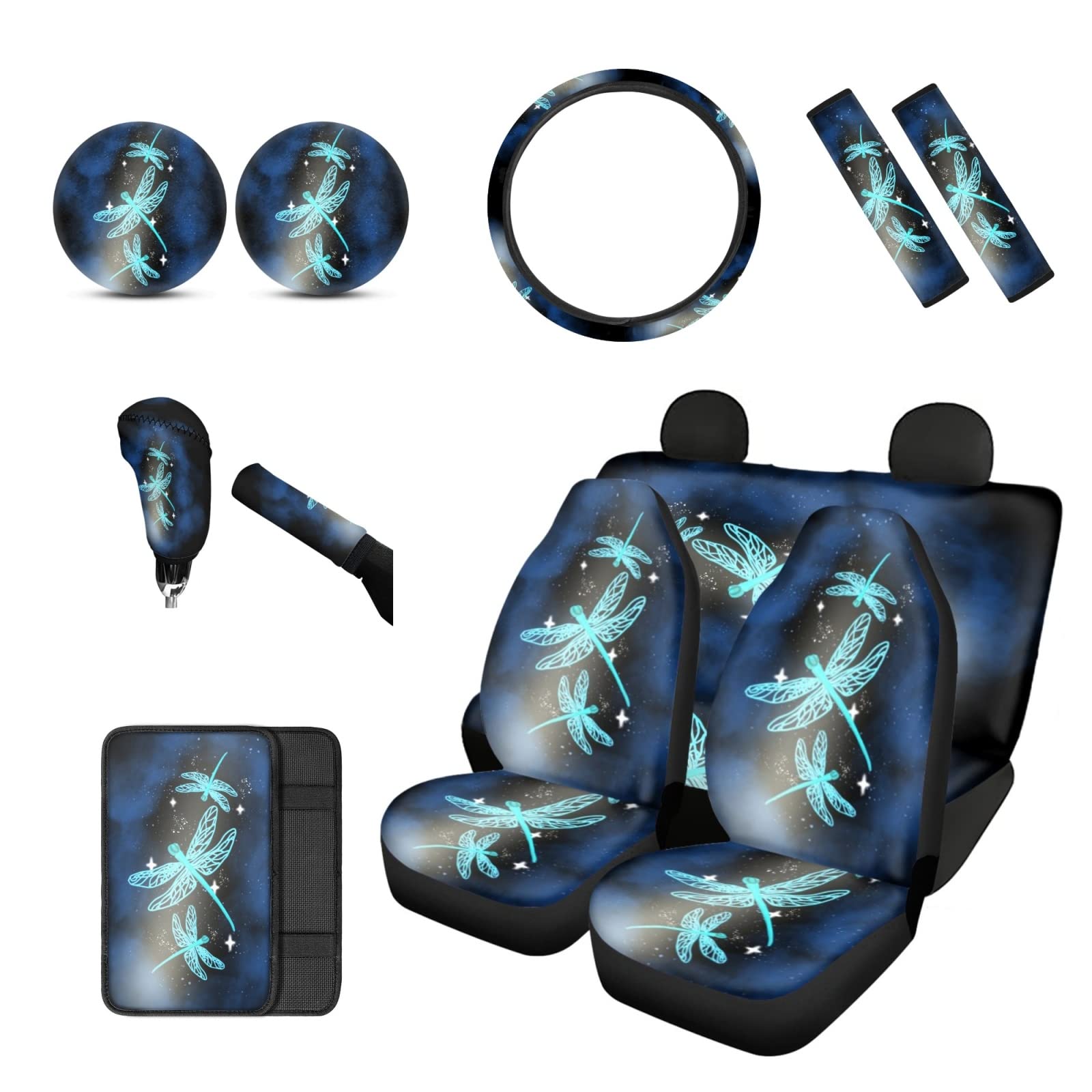 BIGCARJOB Neon Dragonfly Car Seat Covers Full Set - 12 Piece Women's Car Interior Accessories Kit with Steering Wheel Cover, Seat Belt Pads, Coasters, Armrest & Handbrake Covers | Stylish Car Decor for Sedans, SUVs & Trucks
