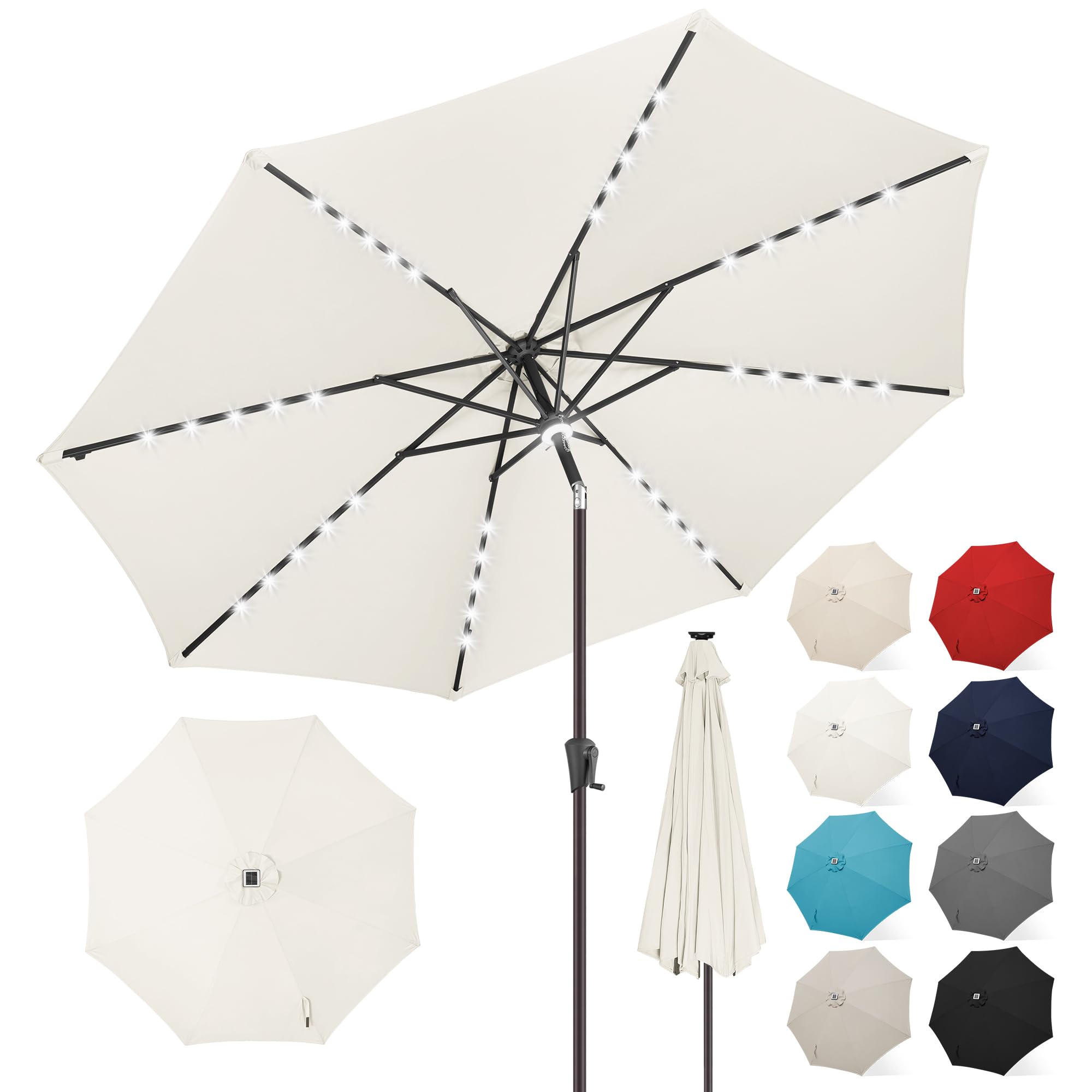 FLAME&SHADE 9 ft Solar Powered LED Patio Umbrella with Tilt - Waterproof Outdoor Market Umbrella for Pool, Garden, Deck - Ivory Sun Shade with Auto Lights for Evening Dining