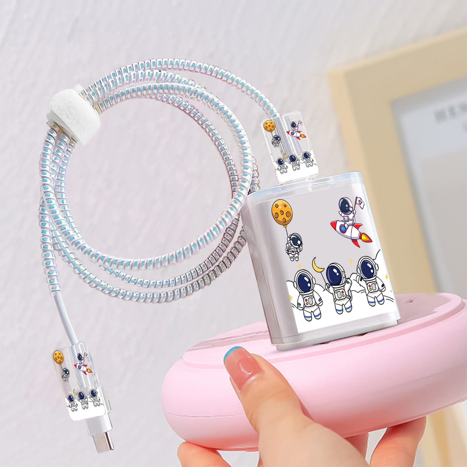 Cartoon Astronaut USB-C Cable Protector for Apple Charger - Cute Clear Silicone Wire Saver Case for iPhone Charger & Power Adapter - Perfect for Home, Office & Travel Use