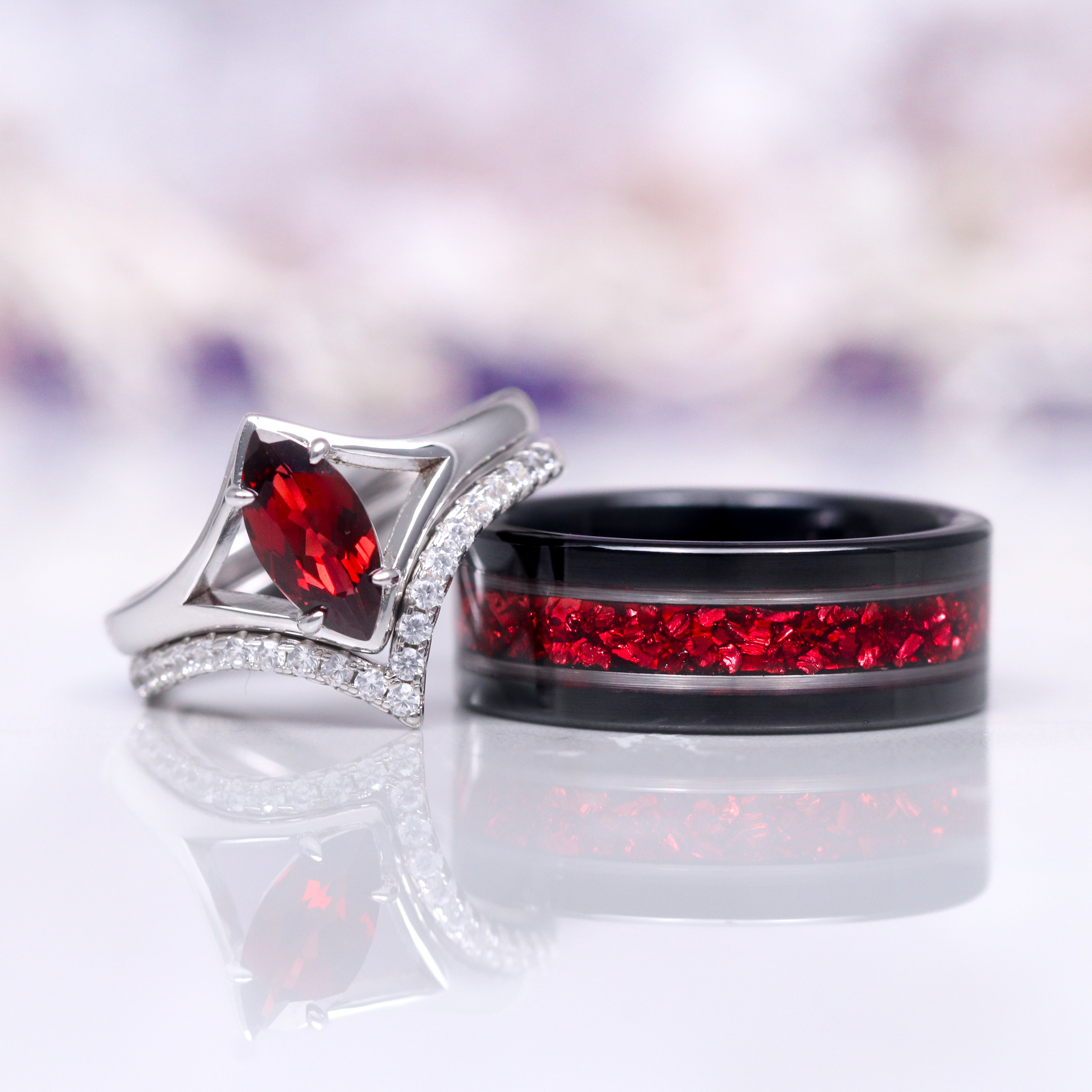 Natural Red Garnet Couples Ring Set - Matching Wedding Bands for Him & Her - Romantic Anniversary Gift for Couples - Perfect for Engagements, Weddings, and Valentine's Day