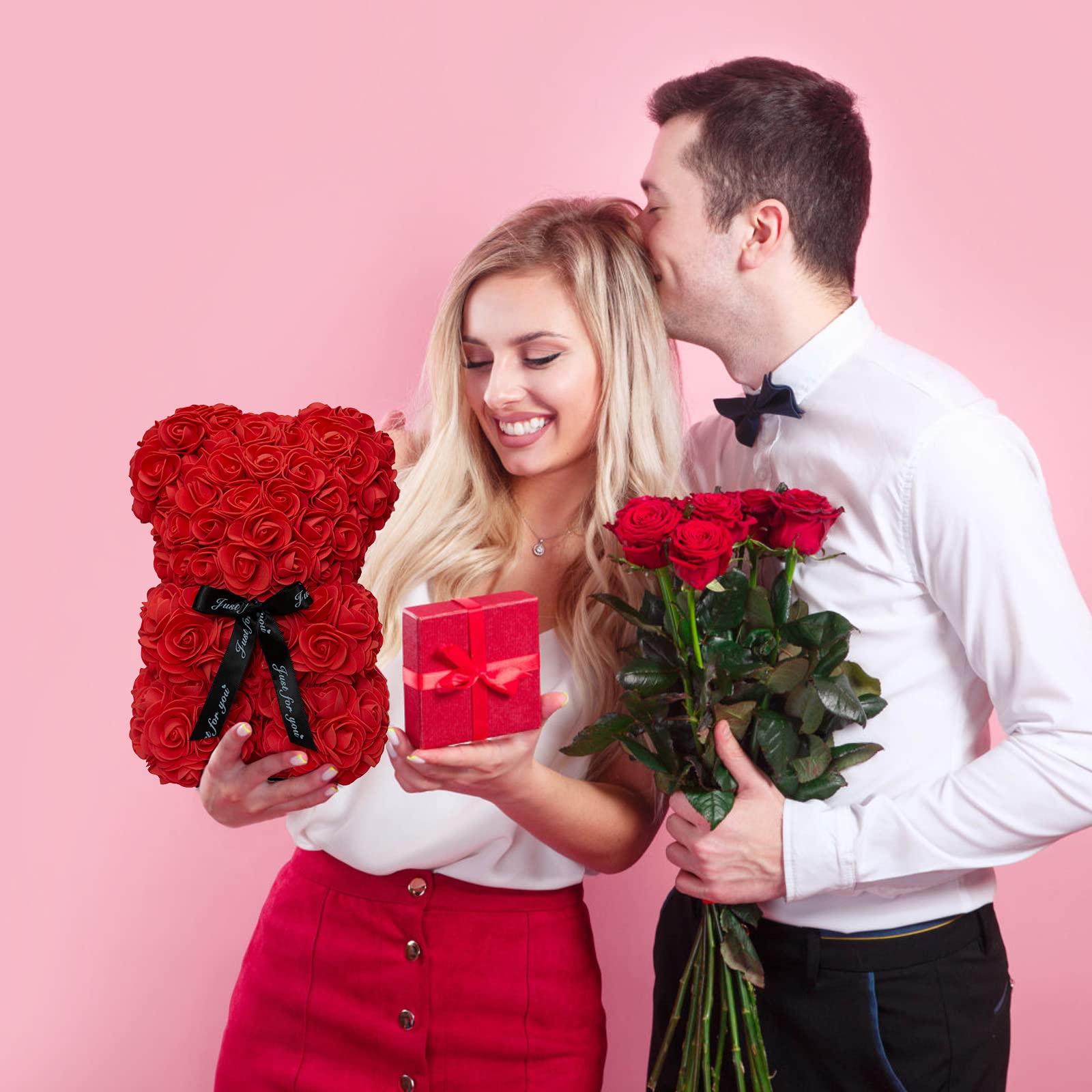 DuHouse 10 Inch Handmade Rose Teddy Bear Flower Gift - Valentine's Day, Anniversary, Christmas, Birthday, Bridal Shower Present in Elegant Black Box (Red Roses) | Perfect for Romantic Surprises & Special Occasions
