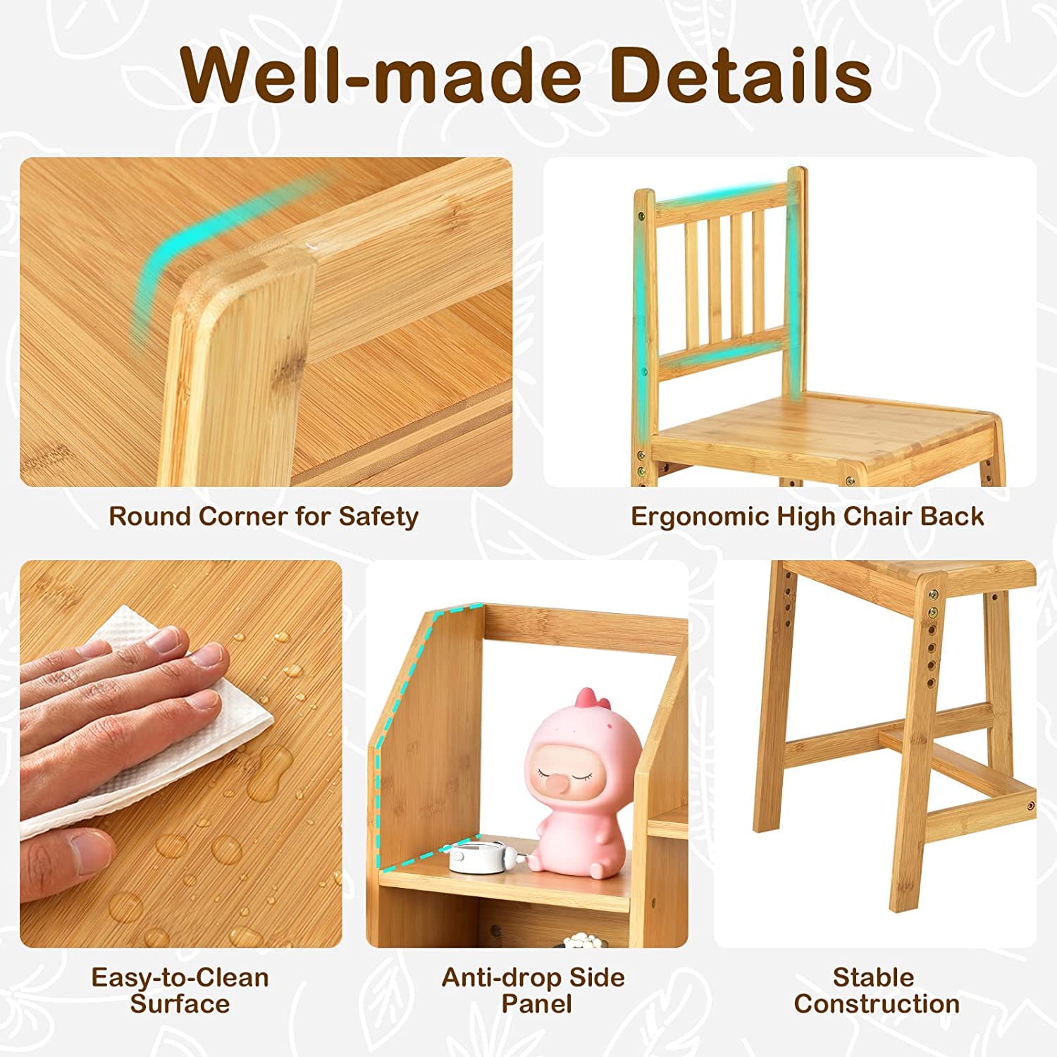 UNICOO Adjustable Bamboo Kids Desk and Chair Set - Ergonomic Study Table for Children, Eco-Friendly & Height Adjustable (Natural Wood) - Perfect for Homework, Drawing, and Online Learning at Home