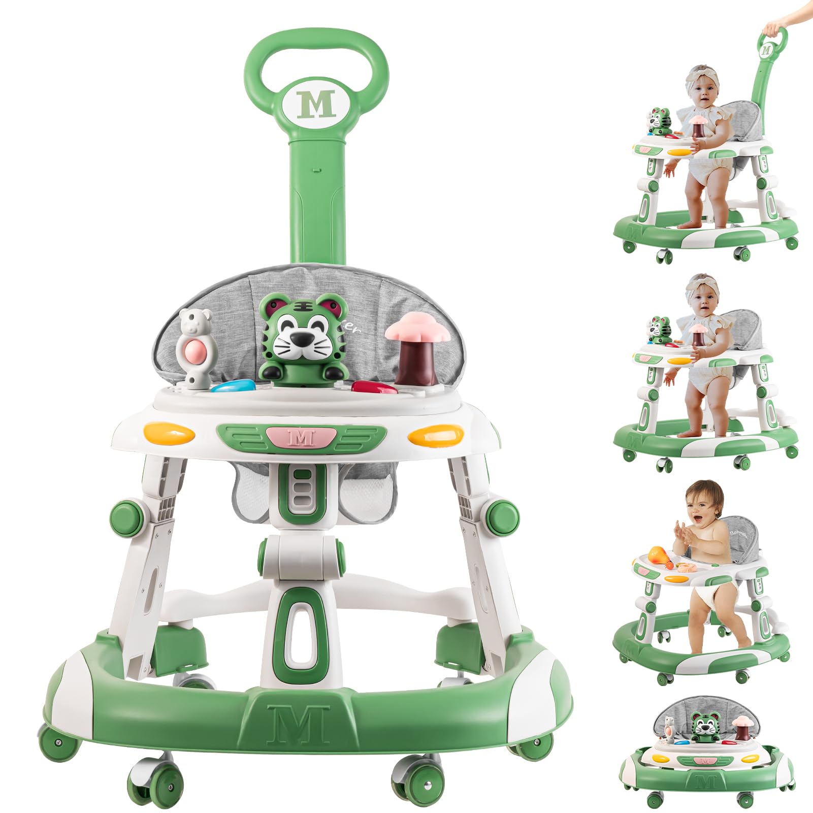 4-in-1 Foldable Baby Walker & Activity Center with Toy Tray - 3 Adjustable Heights, Wheels for Infants 6-24 Months (Green) | Perfect for Learning to Walk, Playtime & Early Development