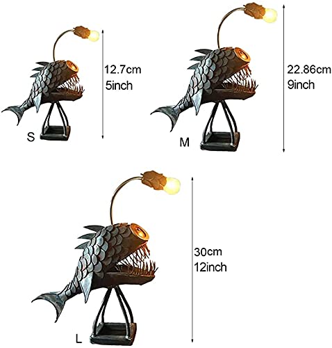 CAFELE Rustic USB Angler Fish Lamp - Steampunk Shark Table Lamp with Realistic Flickering LED Flame, Handmade Industrial Night Light for Bedroom, Office, Gaming Room & Bookshelf Decor (Small)